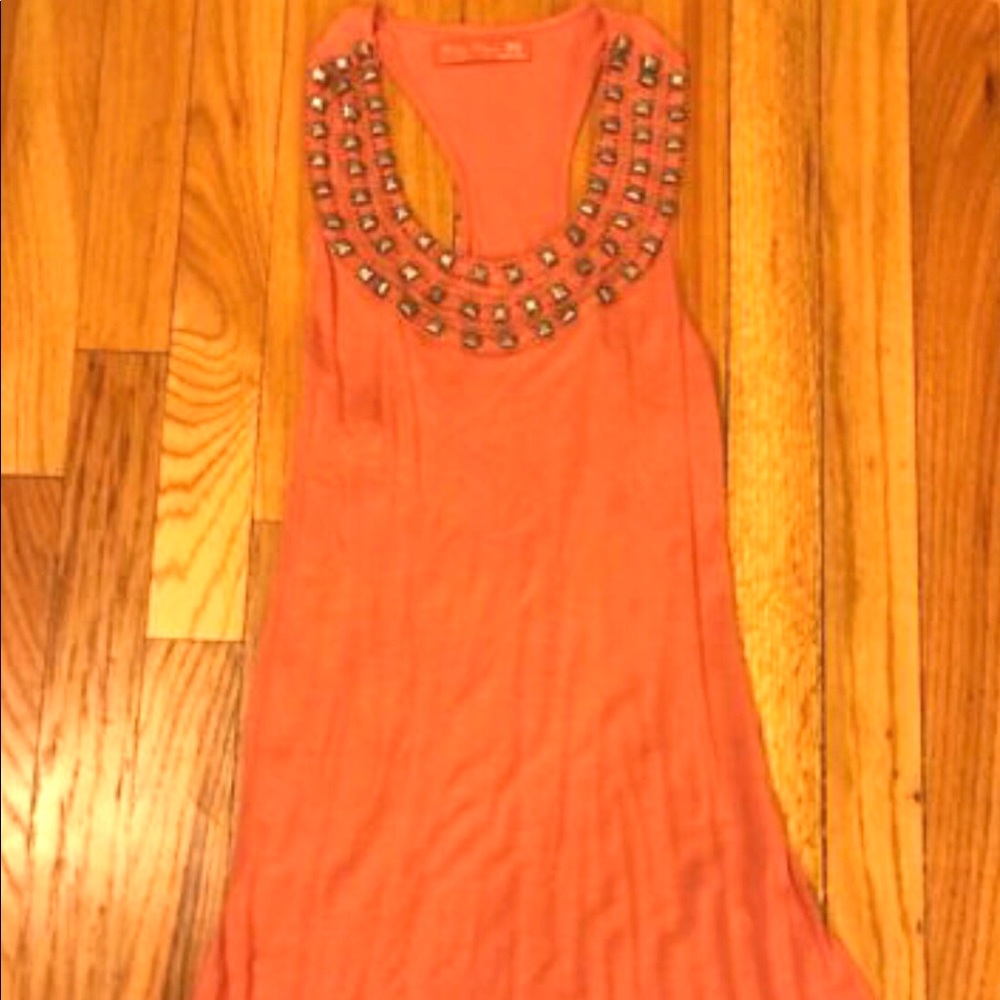 Ruby Sky Peach Orange Long Tank Top w/ Silver Square Studded Bib Collar Bling XS